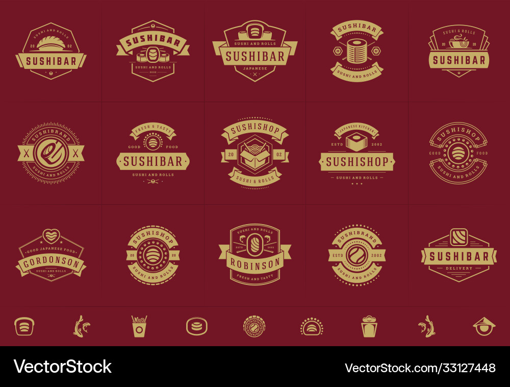 Sushi Restaurant logos und badges set japanese Sushi Restaurant logos und badges set japanese vektorbild