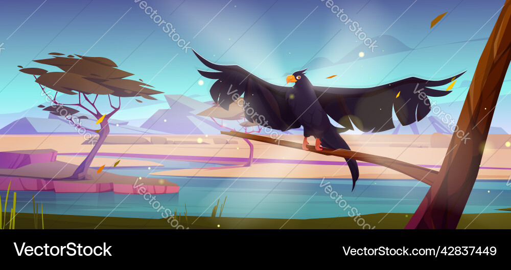 Raven on tree branch in savannah at dusk Vector Image