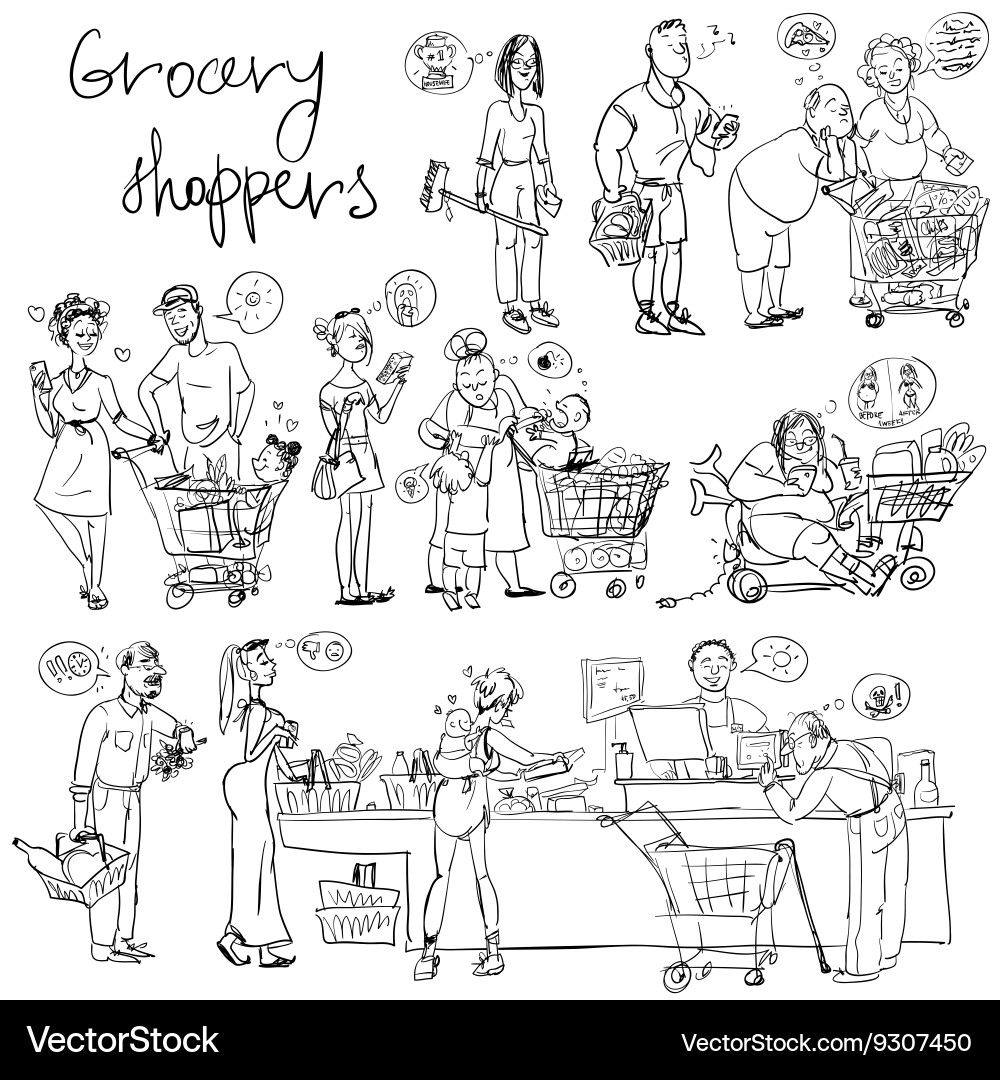 Set of grocery shoppers hand sketching vector image