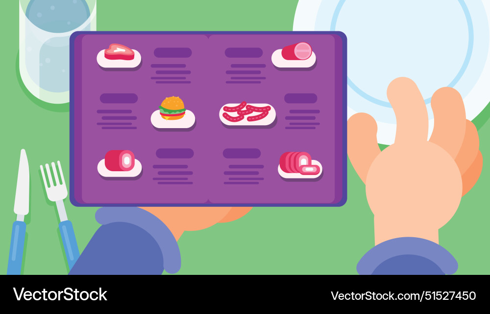 Table top view of ordering food from menu Table top view of ordering food from menu vector image