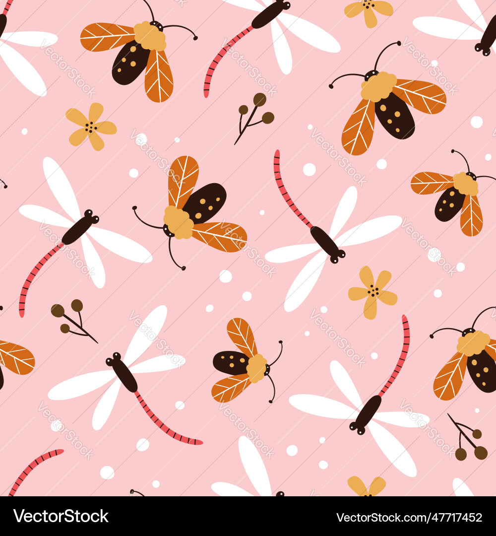 Dragonflies & Moths Seamless Pattern Vector Image
