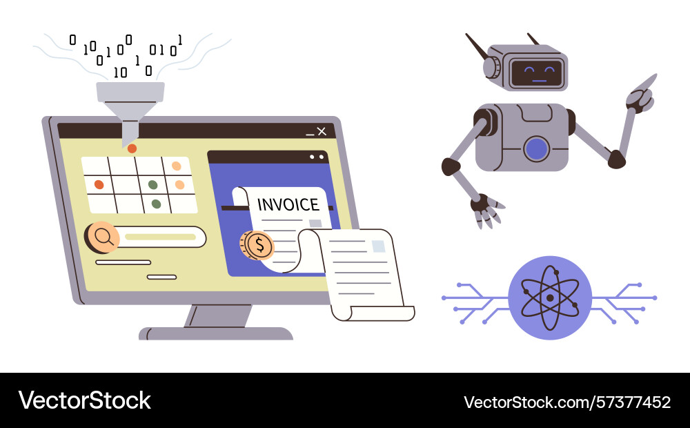 Robotic automation processing invoices with data Robotic automation processing invoices with data vector image