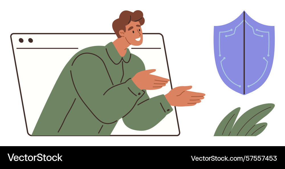 Man gesturing from browser window toward shield vector image