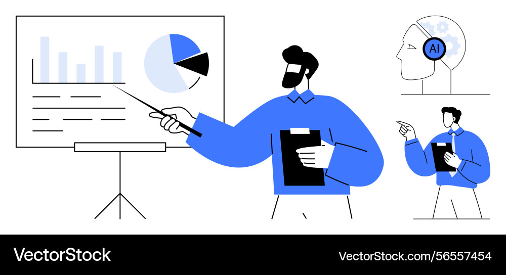 Man presenting data on chart with clipboard and ai Man presenting data on chart with clipboard and ai vector image