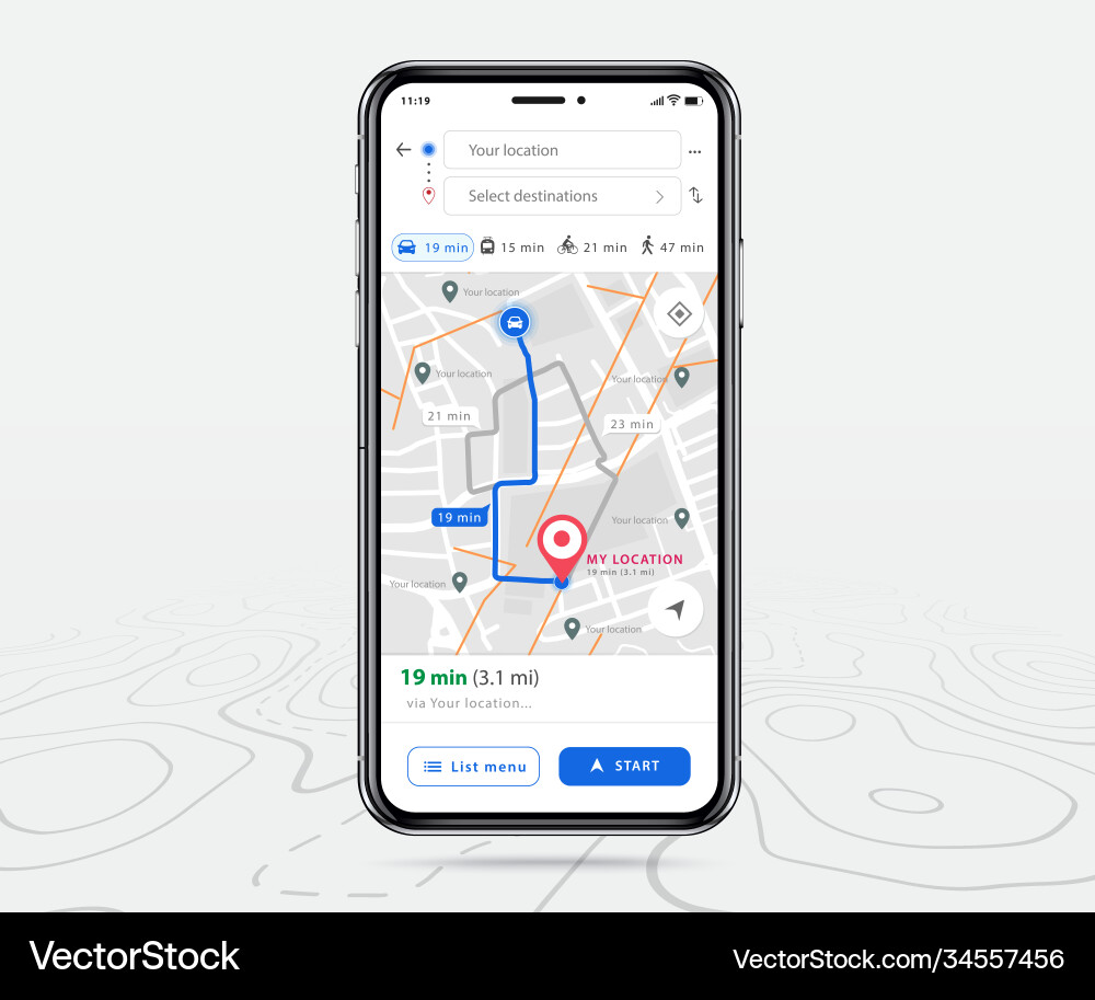 Mobile GPS Map App UI vector image