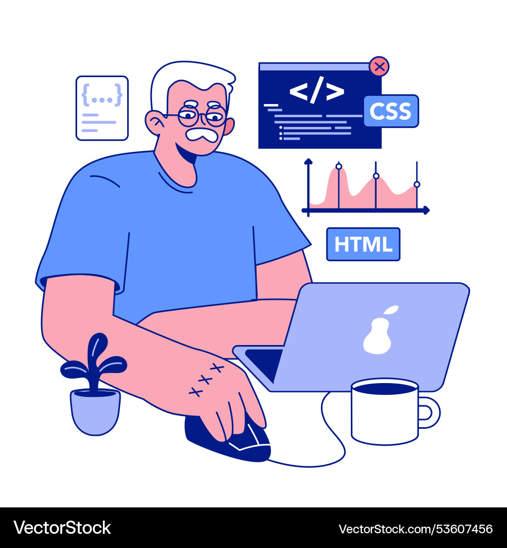 Senior developer oldman programming and coding Senior developer oldman programming and coding vector image