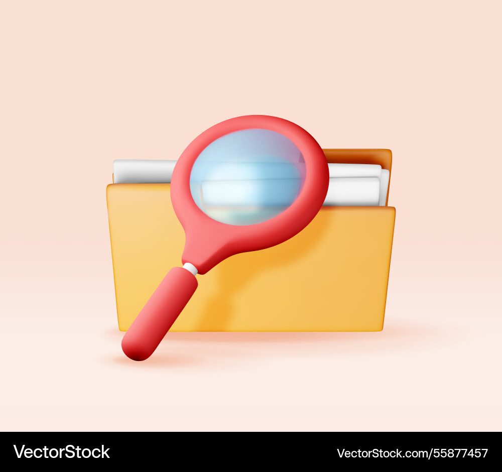3d document folder with magnifying glass 3d document folder with magnifying glass Vector Image
