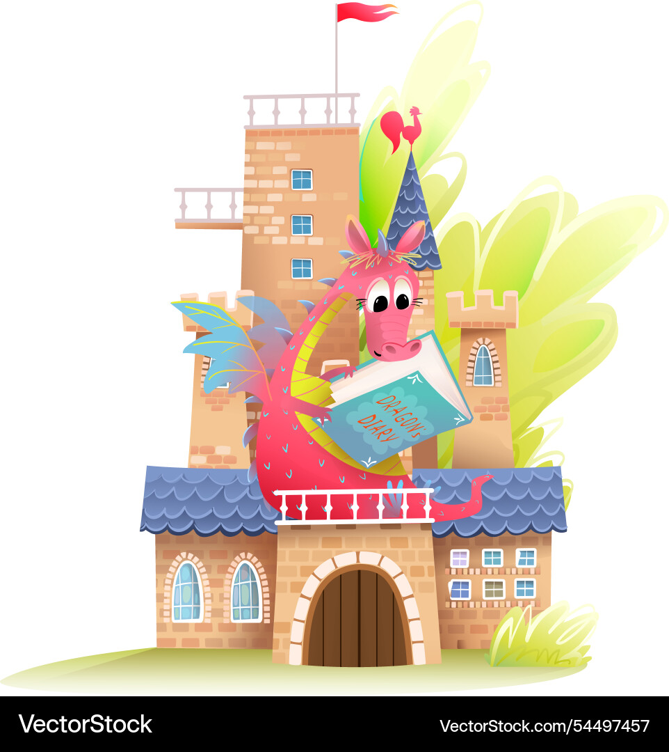 Magic dragon reading fairy tale book in castle Magic dragon reading fairy tale book in castle vector image