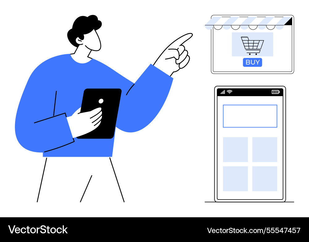 Man with tablet pointing at online shopping window Man with tablet pointing at online shopping window vector image