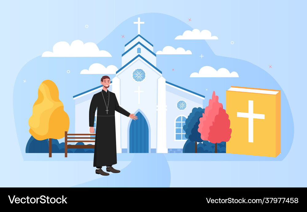 Male priest standing outside big white church Male priest standing outside big white church vector image