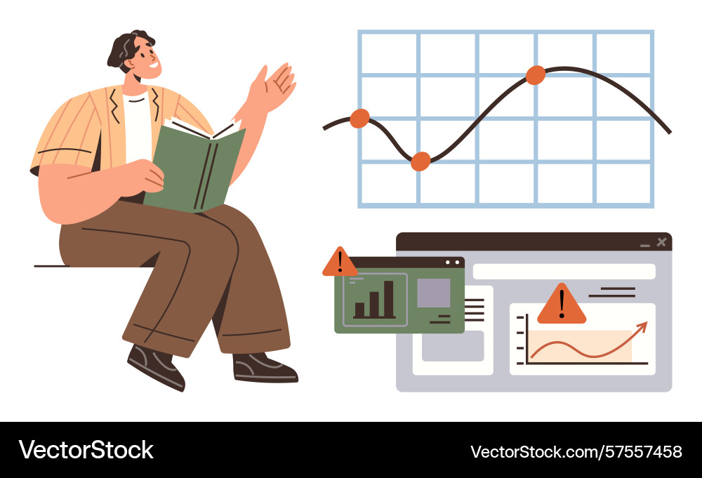 Man reading book analyzing data charts with alerts Man reading book analyzing data charts with alerts vector image