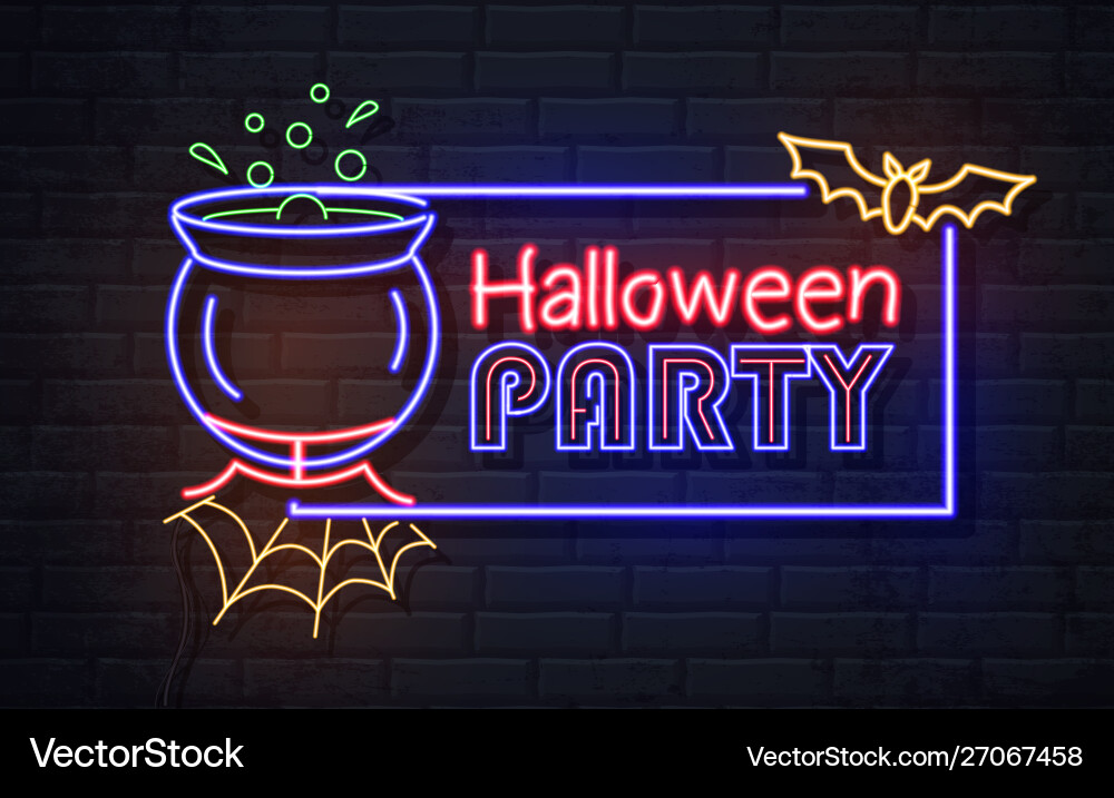 Neon sign halloween party with cauldron Neon sign halloween party with cauldron vector image