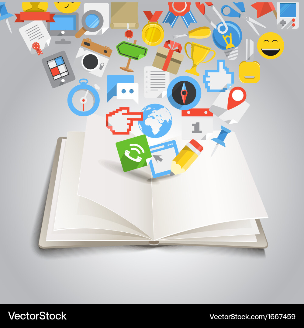 Open book with different color icons Vector Image