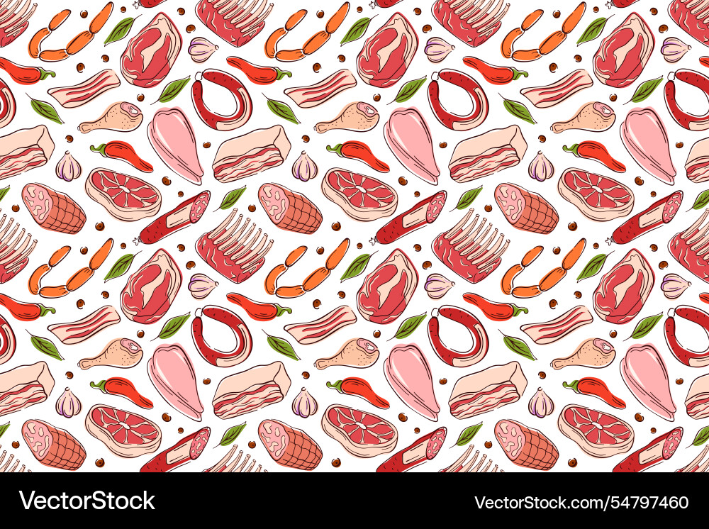 Seamless meat pattern in flat style with different Seamless meat pattern in flat style with different vector image