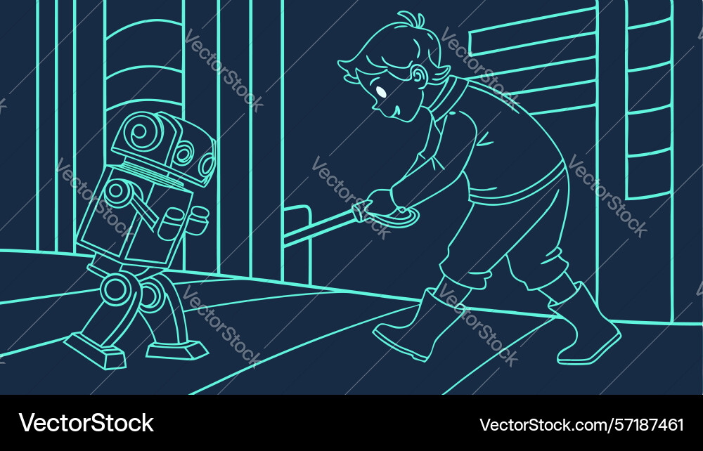 Boy fixing retro-futuristic robot solving tech vector image