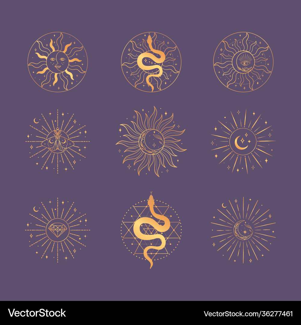 Goldene heilige Sonne und Mond Logo Design Elemente Goldene heilige Sonne und Mond Logo Design Elemente vektorbild
