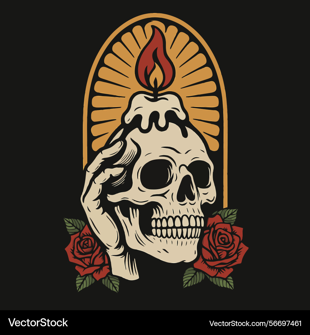 Skull holding candle with roses in vintage style Vector Image