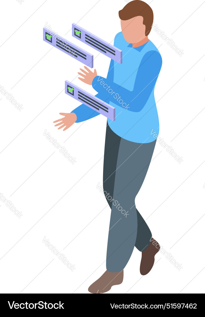 Man managing online survey forms checking results Man managing online survey forms checking results vector image