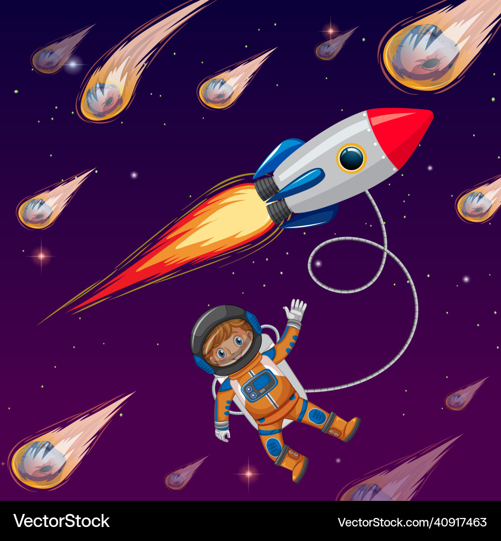 Astronaut kid in space with rocket and comets Astronaut kid in space with rocket and comets vector image