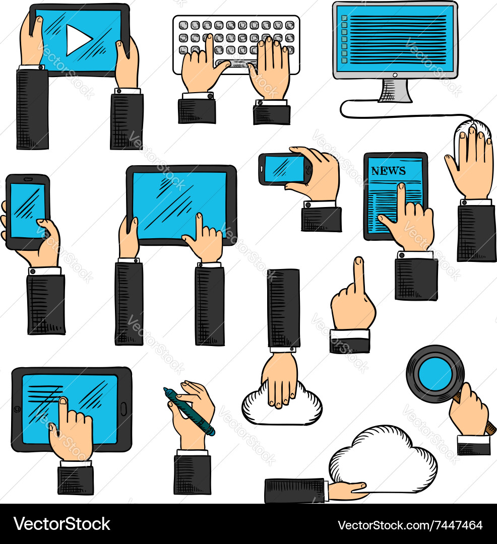 Hands sketches with digital devices vector image