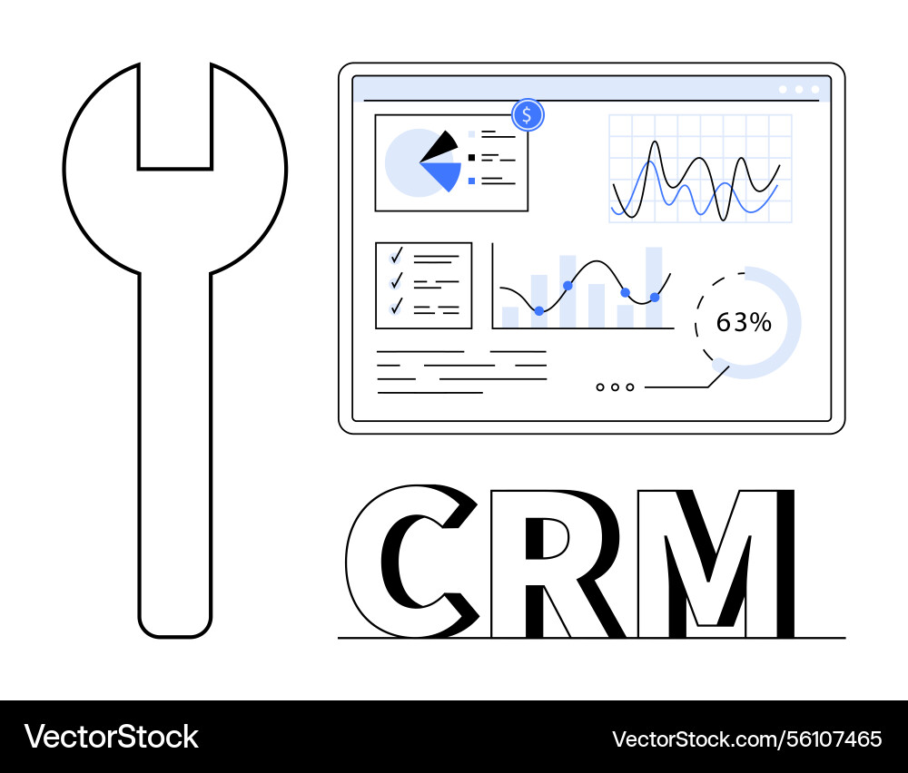 Crm dashboard with data analytics and wrench Crm dashboard with data analytics and wrench vector image