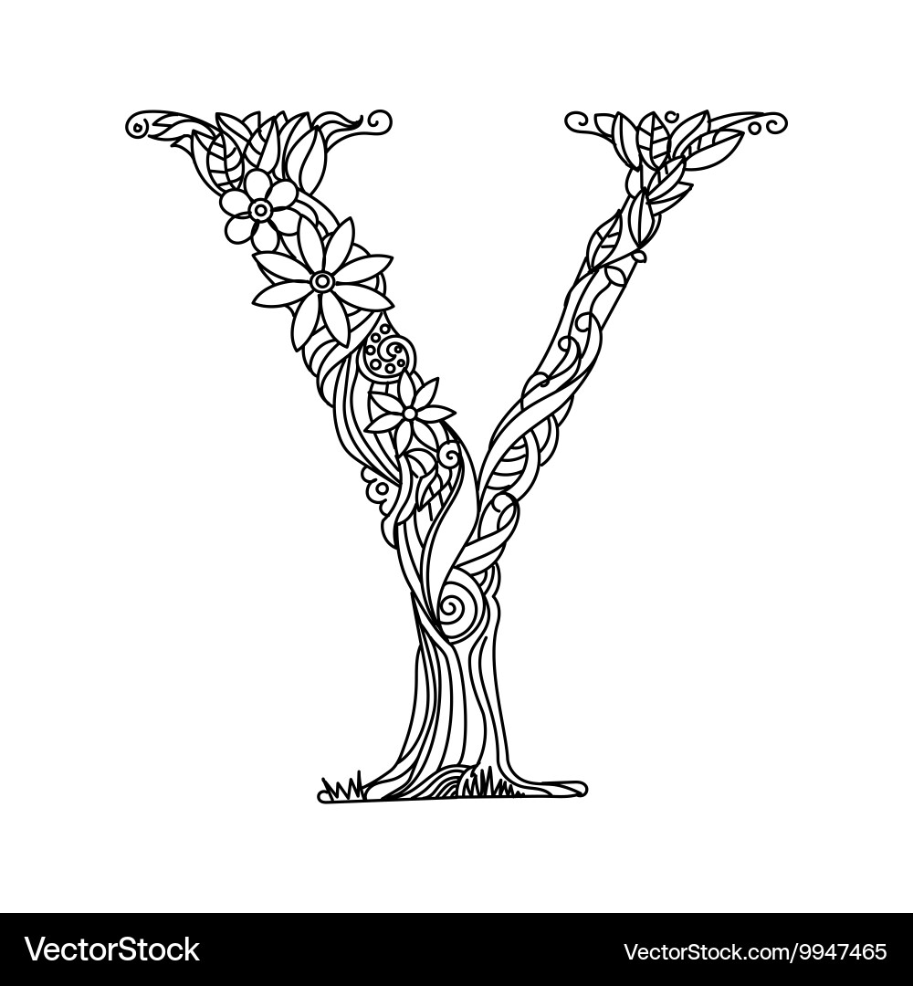 Floral Alphabet Letter Y Coloring Page Vector Image
