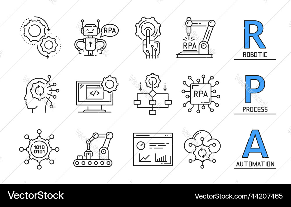Rpa icons robotic automation process technology Rpa icons robotic automation process technology vector image