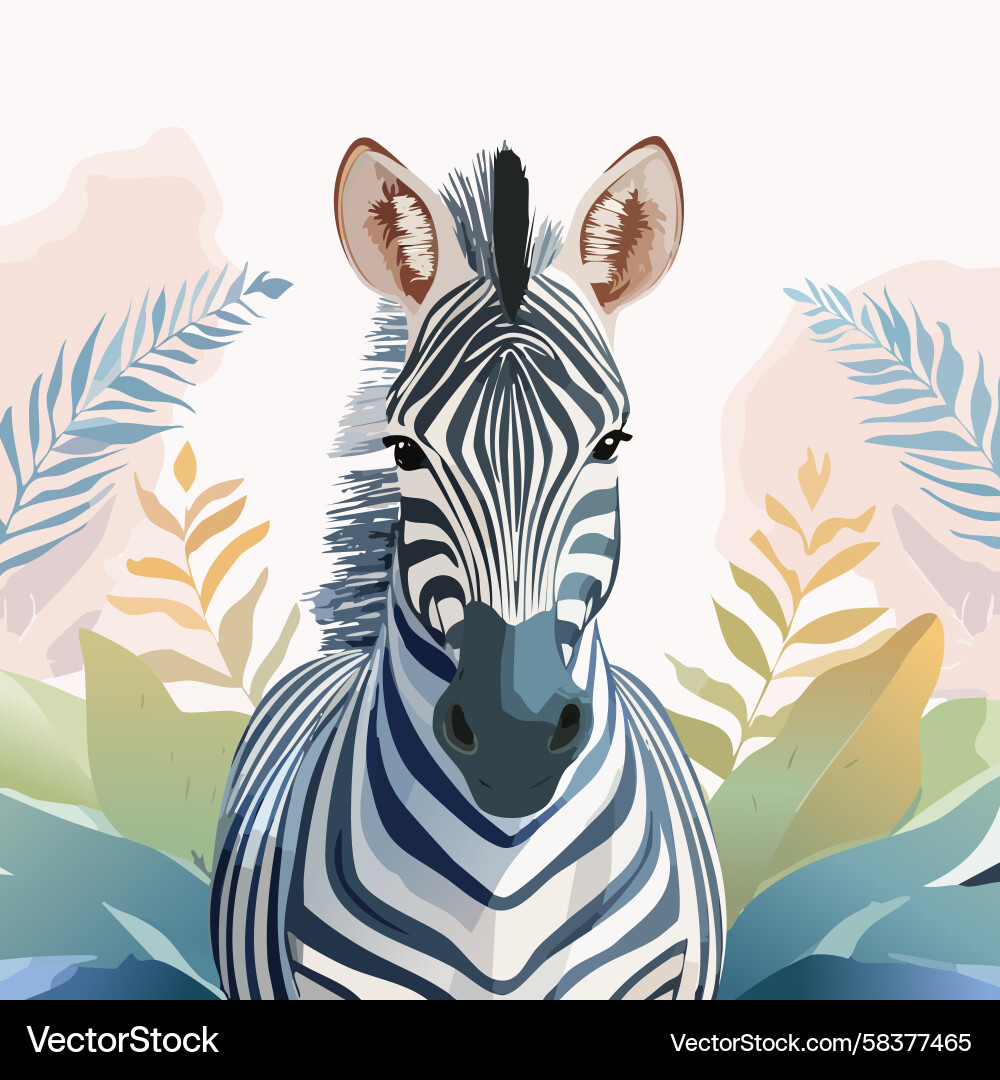 Zebra Portrait with Botanical Backdrop Vector Image