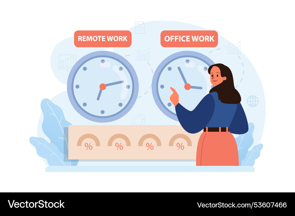 Hybrid work characters with a flexible schedule Hybrid work characters with a flexible schedule vector image