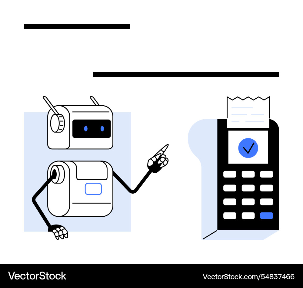 Robot pointing at calculator printing a receipt Robot pointing at calculator printing a receipt Vector Image