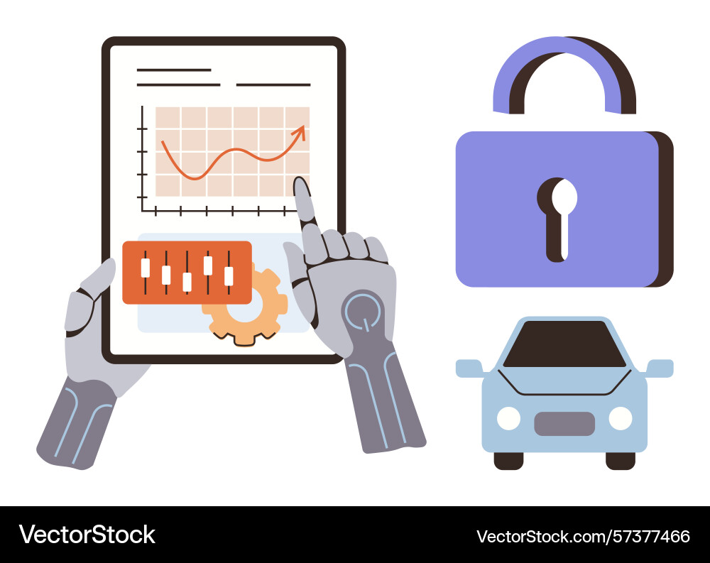 Robotic hands analyzing graph on tablet with lock Robotic hands analyzing graph on tablet with lock vector image