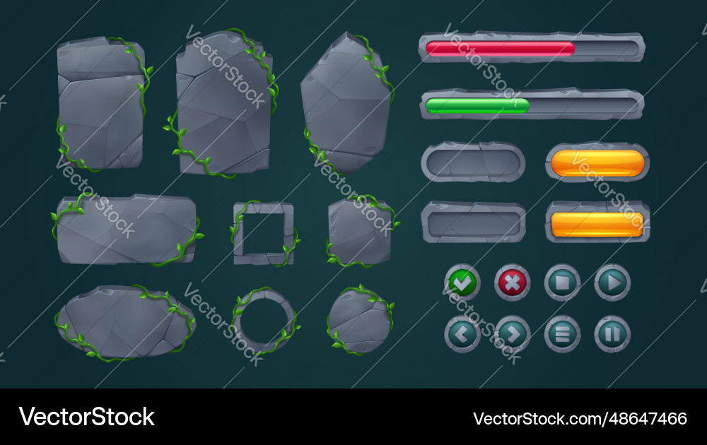 Stone Game UI Elements - Rock Boards & Buttons vector image