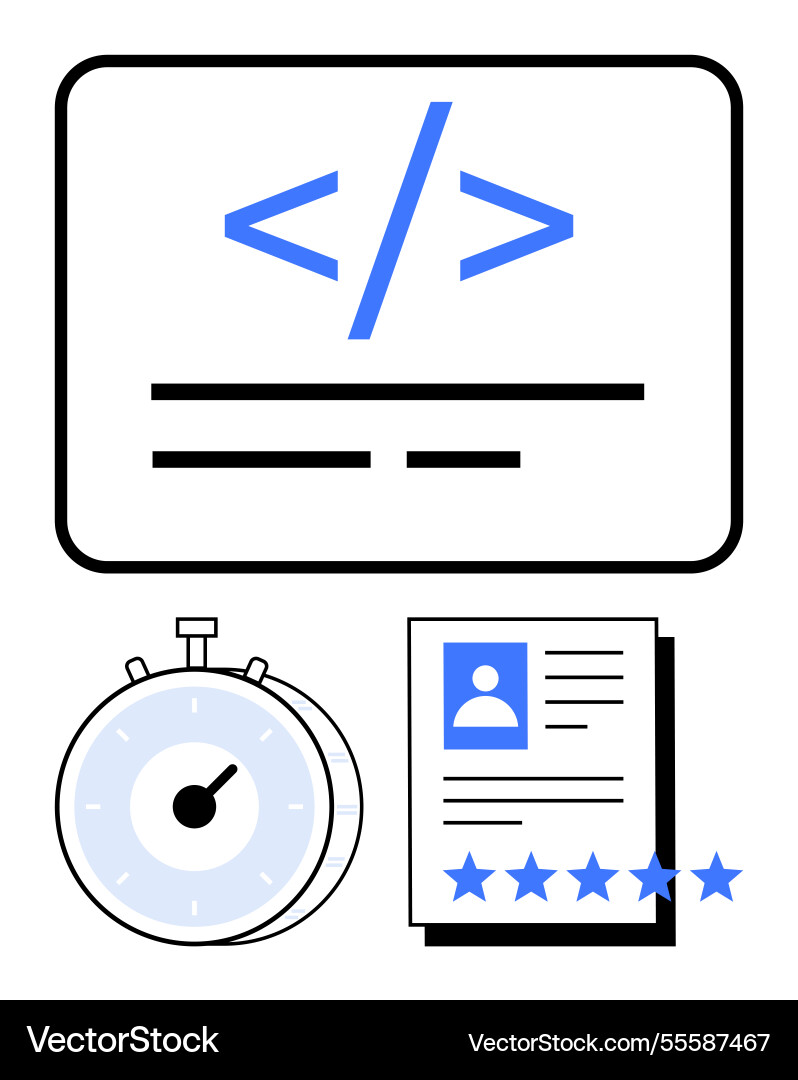 Code symbol with stopwatch and resume evaluation Code symbol with stopwatch and resume evaluation vector image