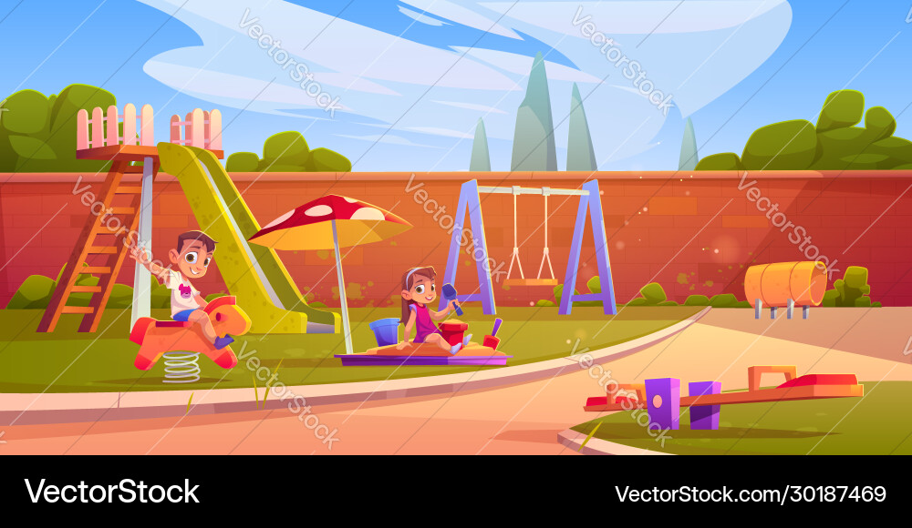 Kinder auf Spielplatz im Sommerpark oder Kindergarten Kinder auf Spielplatz im Sommerpark oder Kindergarten vektorbild