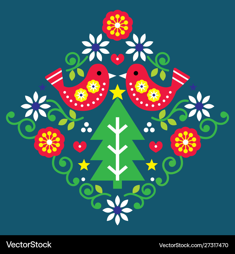 Christmas folk art pattern with birds vector image