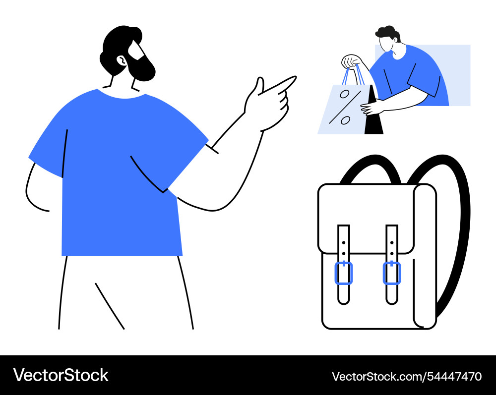Man pointing with a large backpack alongside Vector Image