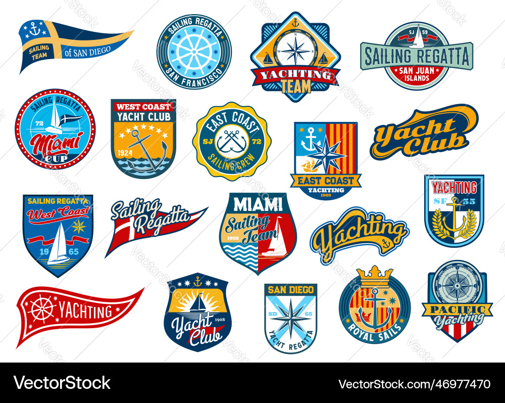 Segelabzeichen Patches Yachtsport oder Regatta Club Segelabzeichen Patches Yachtsport oder Regatta Club vektorbild