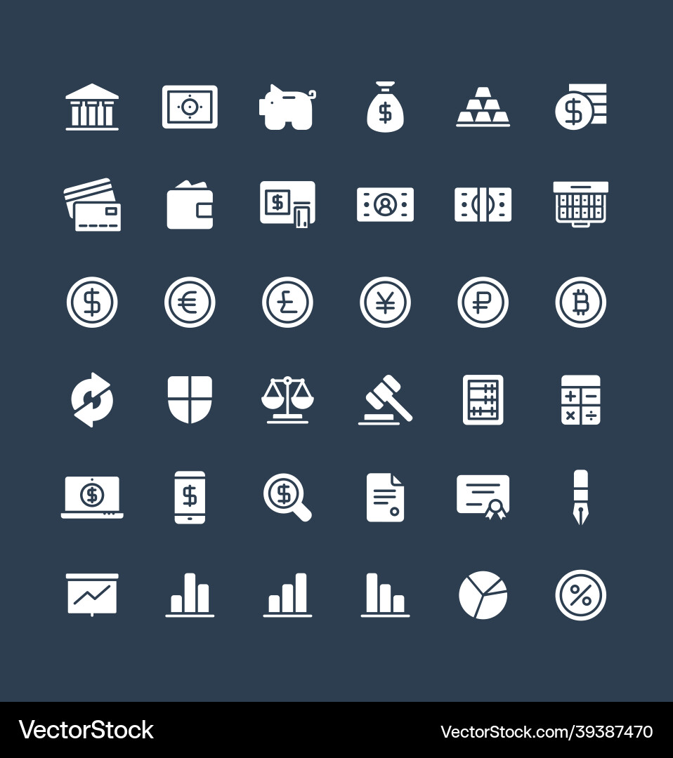 Solid icons set with banking and finance Solid icons set with banking and finance Vector Image