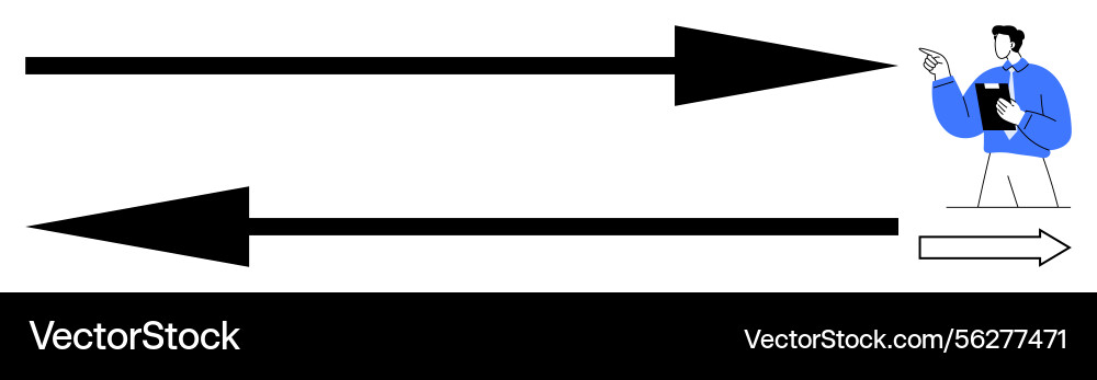 Man directing opposing arrows with clipboard Man directing opposing arrows with clipboard vector image