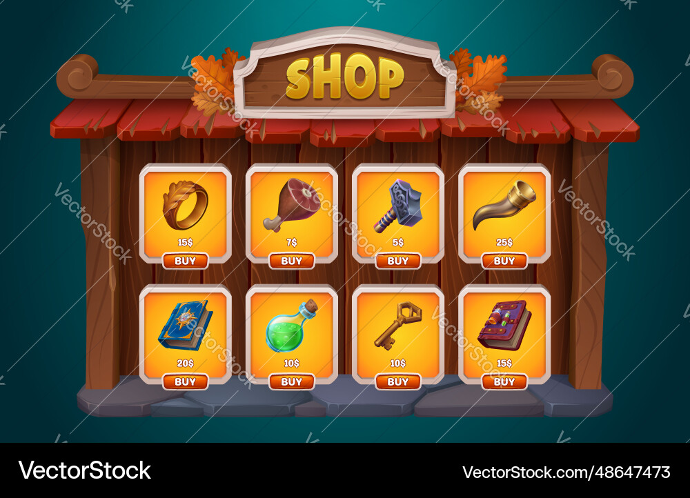Fantasy game shop ui interface with buy button Fantasy game shop ui interface with buy button Vector Image