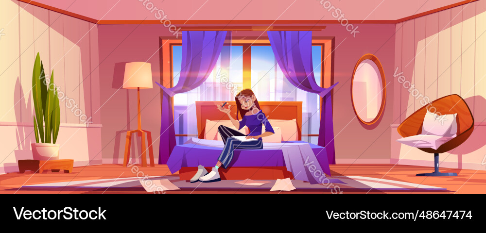 Happy woman in morning home bedroom writing Happy woman in morning home bedroom writing vector image