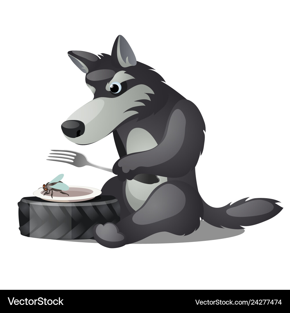 Hungry animated grey wolf with fork and empty Hungry animated grey wolf with fork and empty vector image