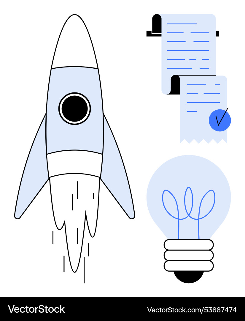Rocket launch with light bulb and document Rocket launch with light bulb and document Vector Image