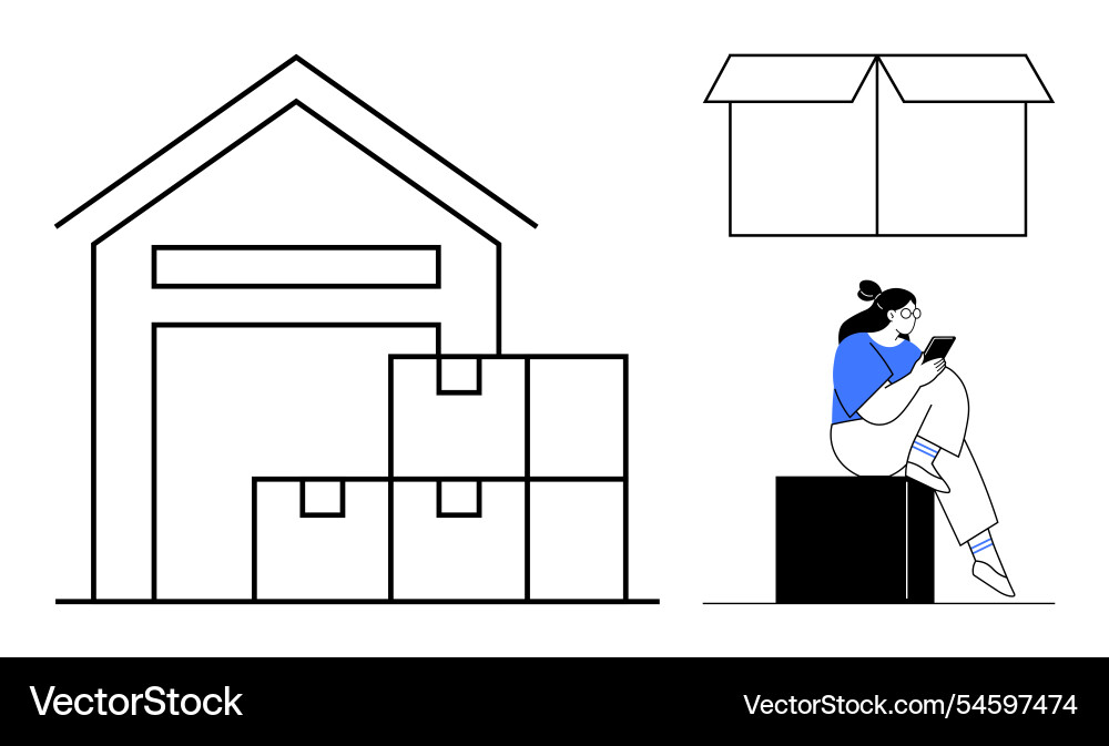 Warehouse with stacked boxes and a person using Warehouse with stacked boxes and a person using vector image