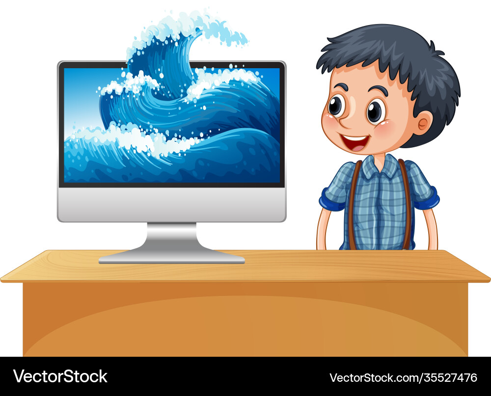 Happy boy next to computer with waves on screen Happy boy next to computer with waves on screen vector image