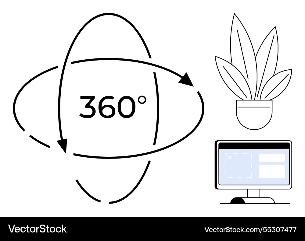 360-degree visual concept with computer monitor 360-degree visual concept with computer monitor vector image