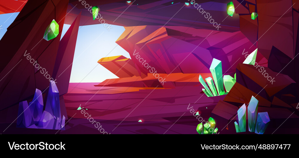 Exit from cave with gemstones on walls vector image