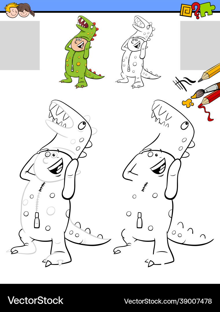 Drawing and coloring task with boy in dinosaur vector image