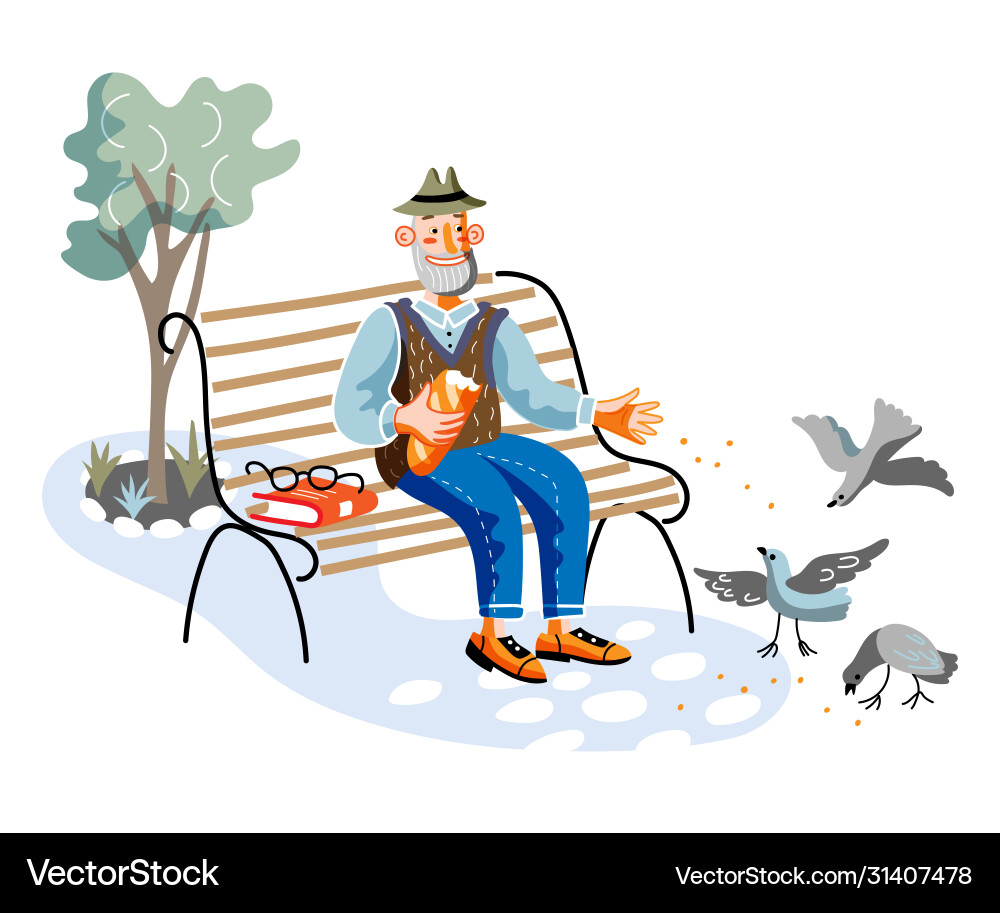 Old man feeding birds flat Old man feeding birds flat vector image