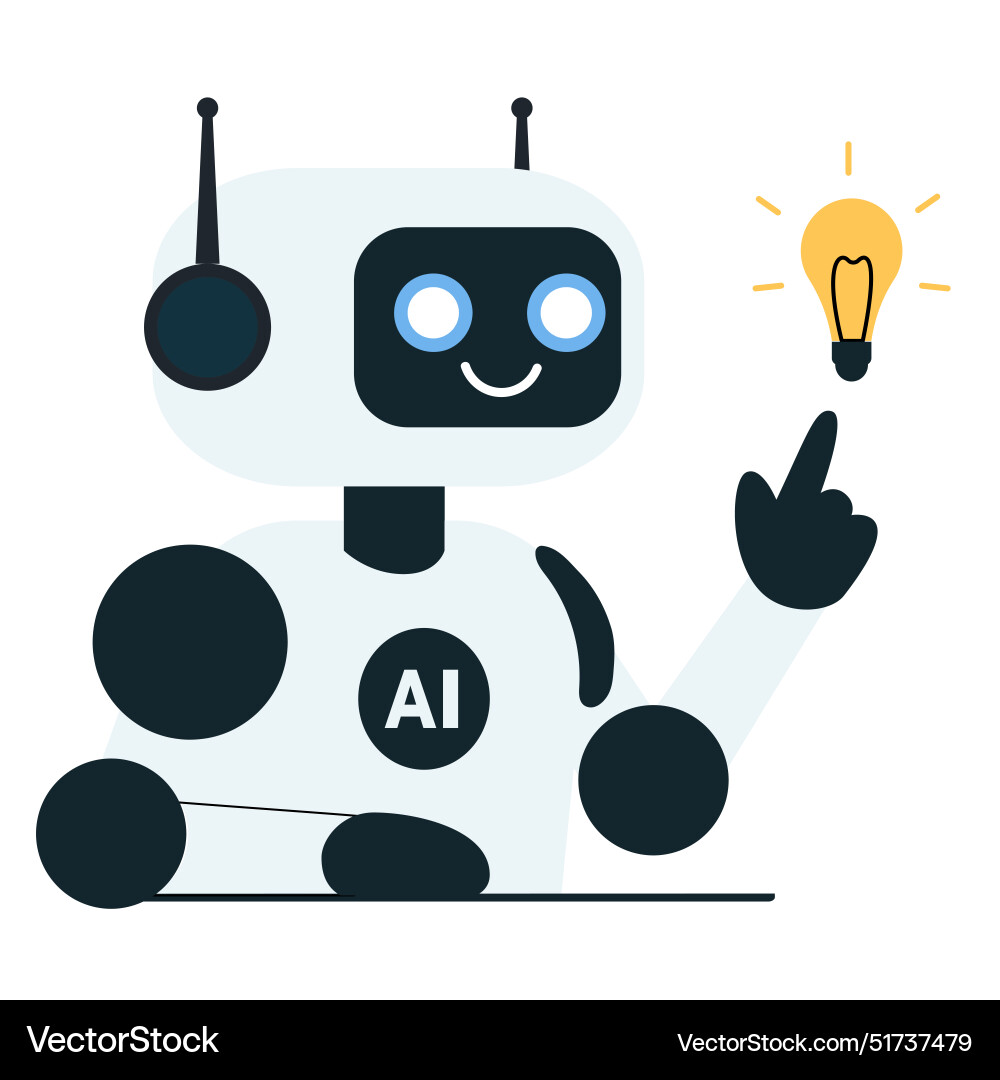 Robot points to the light bulb and develops Robot points to the light bulb and develops Vector Image